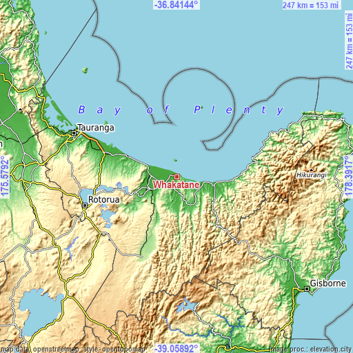 Topographic map of Whakatane