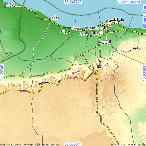 Topographic map of Yafran
