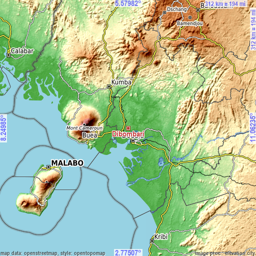 Topographic map of Dibombari