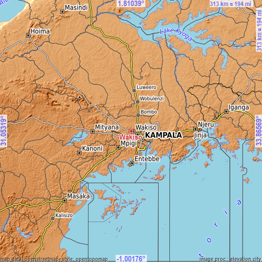 Topographic map of Wakiso