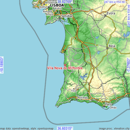 Topographic map of Vila Nova de Milfontes