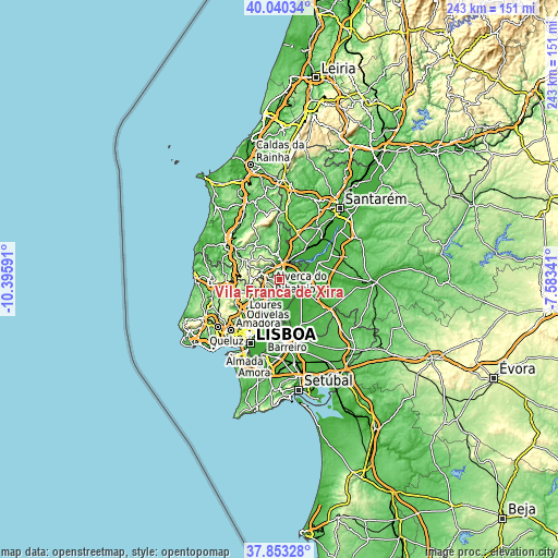 Topographic map of Vila Franca de Xira