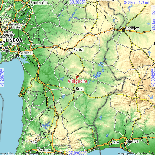 Topographic map of Vidigueira