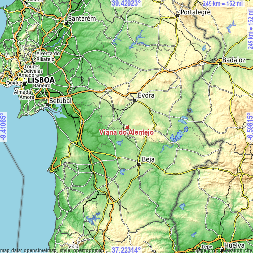 Topographic map of Viana do Alentejo
