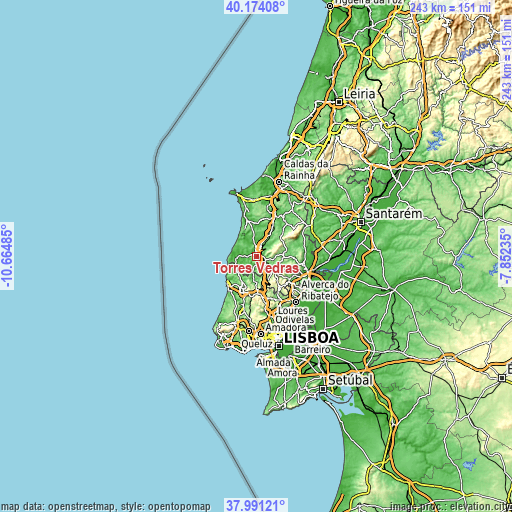 Topographic map of Torres Vedras