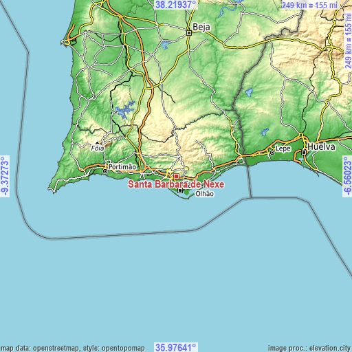 Topographic map of Santa Bárbara de Nexe