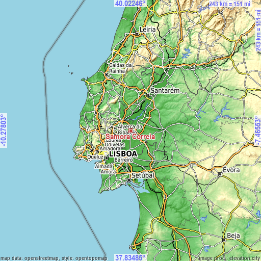 Topographic map of Samora Correia