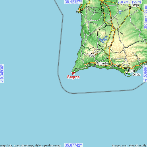 Topographic map of Sagres