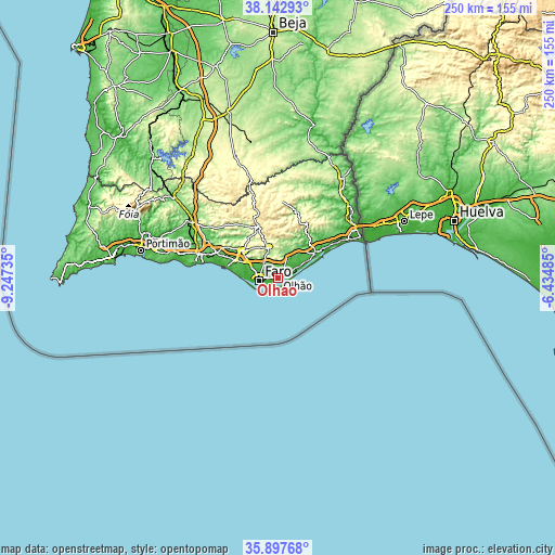 Topographic map of Olhão