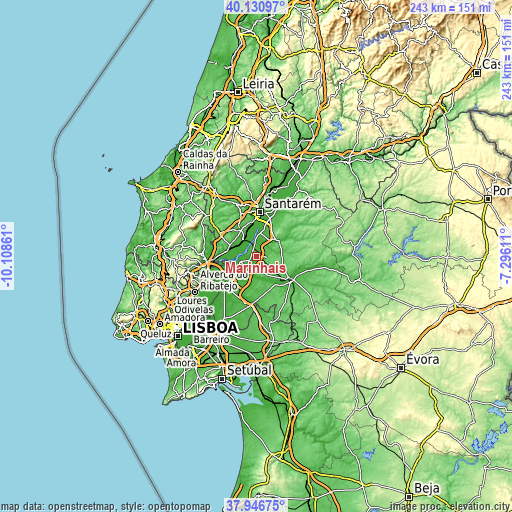 Topographic map of Marinhais