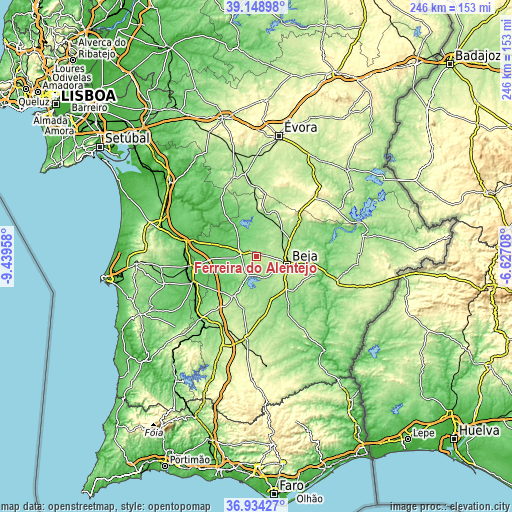 Topographic map of Ferreira do Alentejo
