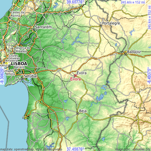 Topographic map of Évora