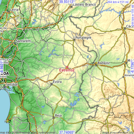 Topographic map of Estremoz