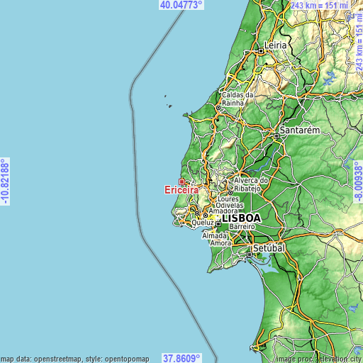 Topographic map of Ericeira