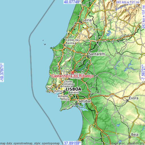 Topographic map of Castanheira do Ribatejo