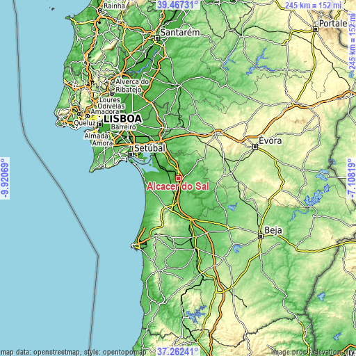Topographic map of Alcácer do Sal