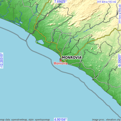 Topographic map of Monrovia