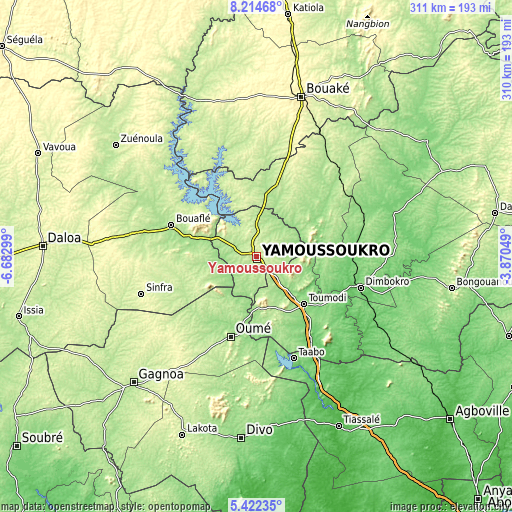 Topographic map of Yamoussoukro