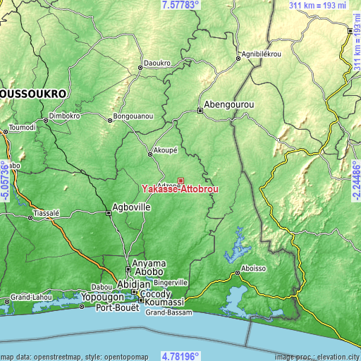 Topographic map of Yakassé-Attobrou