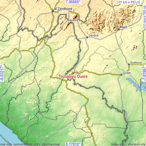 Topographic map of Toulépleu Gueré