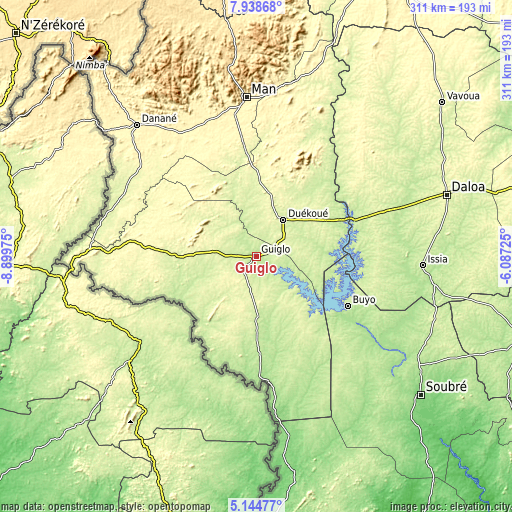 Topographic map of Guiglo