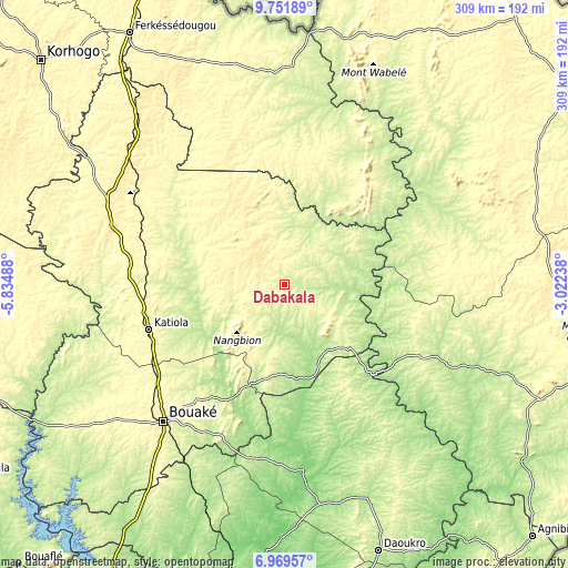 Topographic map of Dabakala