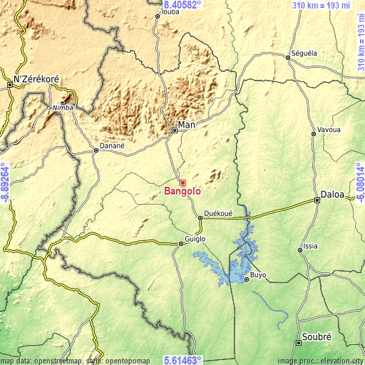 Topographic map of Bangolo