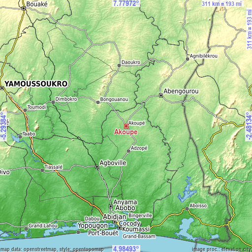 Topographic map of Akoupé