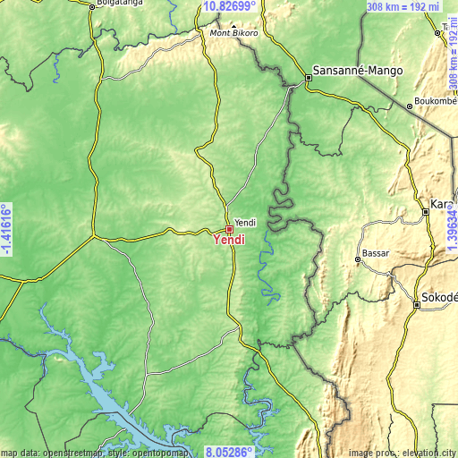 Topographic map of Yendi