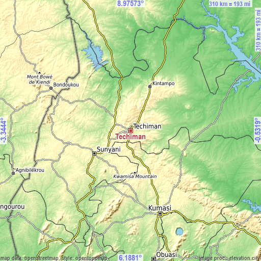 Topographic map of Techiman