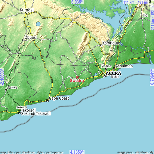 Topographic map of Swedru