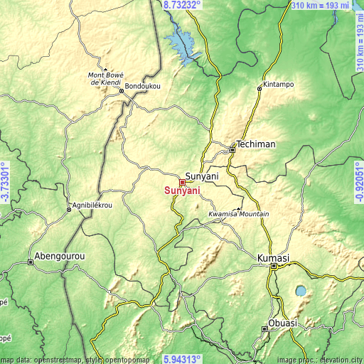 Topographic map of Sunyani