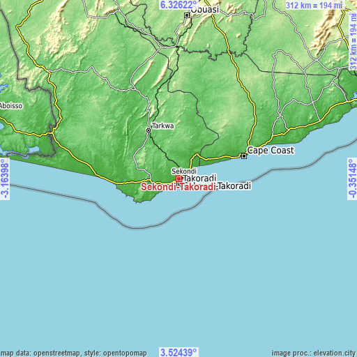 Topographic map of Sekondi-Takoradi