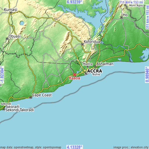 Topographic map of Kasoa