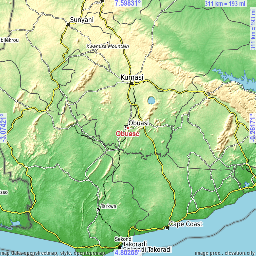 Topographic map of Obuase
