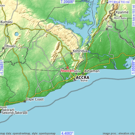 Topographic map of Nsawam