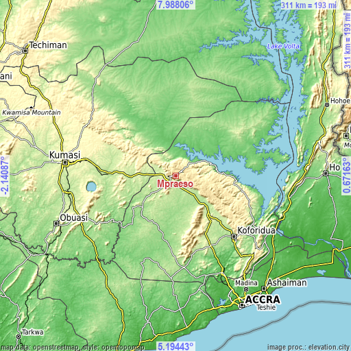 Topographic map of Mpraeso