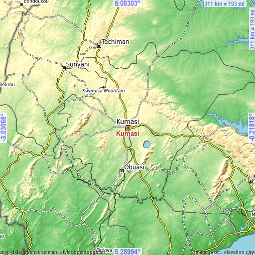 Topographic map of Kumasi