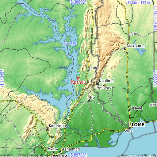 Topographic map of Kpandu