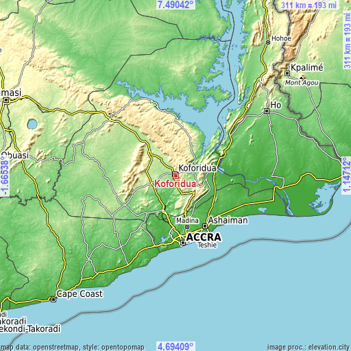 Topographic map of Koforidua