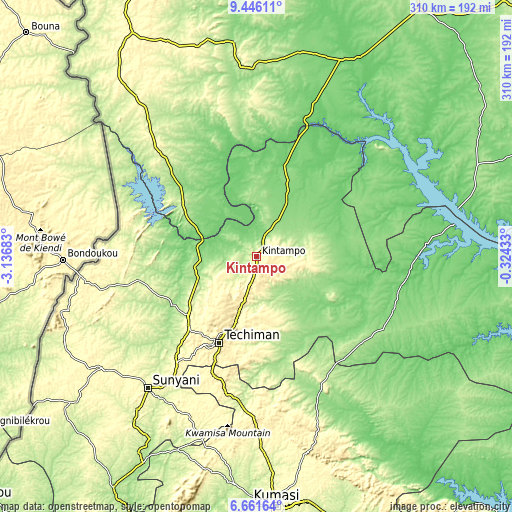 Topographic map of Kintampo
