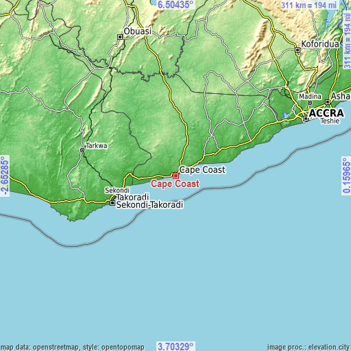 Topographic map of Cape Coast
