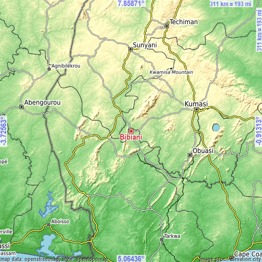 Topographic map of Bibiani