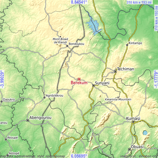 Topographic map of Berekum