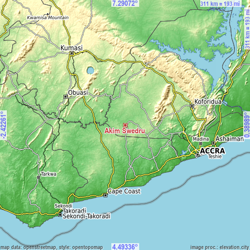 Topographic map of Akim Swedru