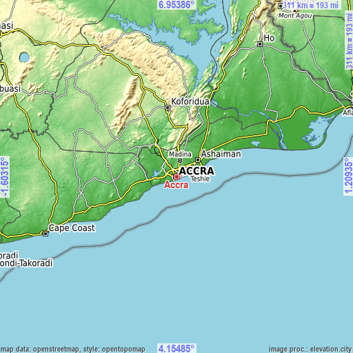 Topographic map of Accra