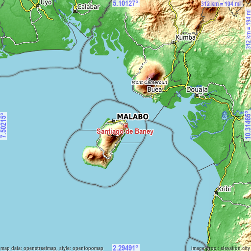 Topographic map of Santiago de Baney