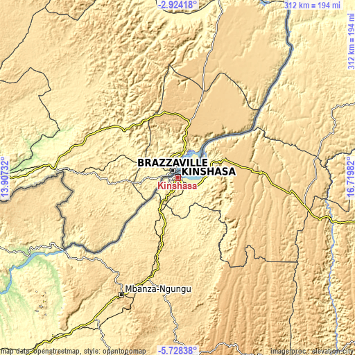 Topographic map of Kinshasa