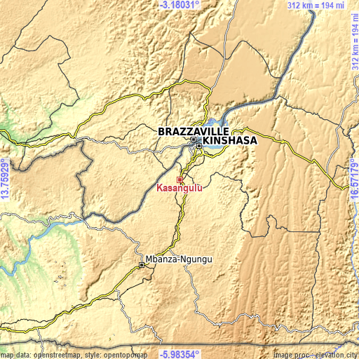 Topographic map of Kasangulu