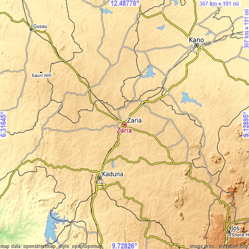 Topographic map of Zaria